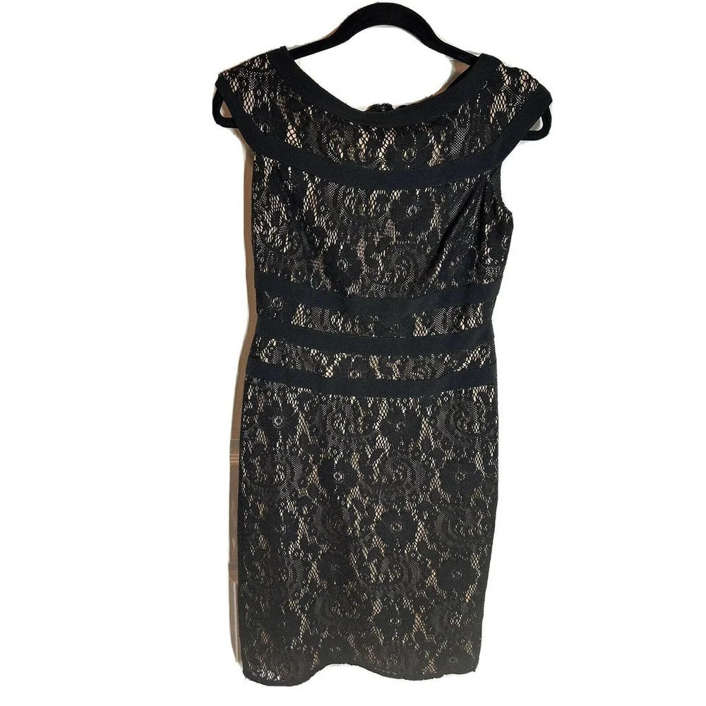 Adrianna Papell Sheath Dress Women Size 6 Black Lace Overlay Cap Sleeve Classic